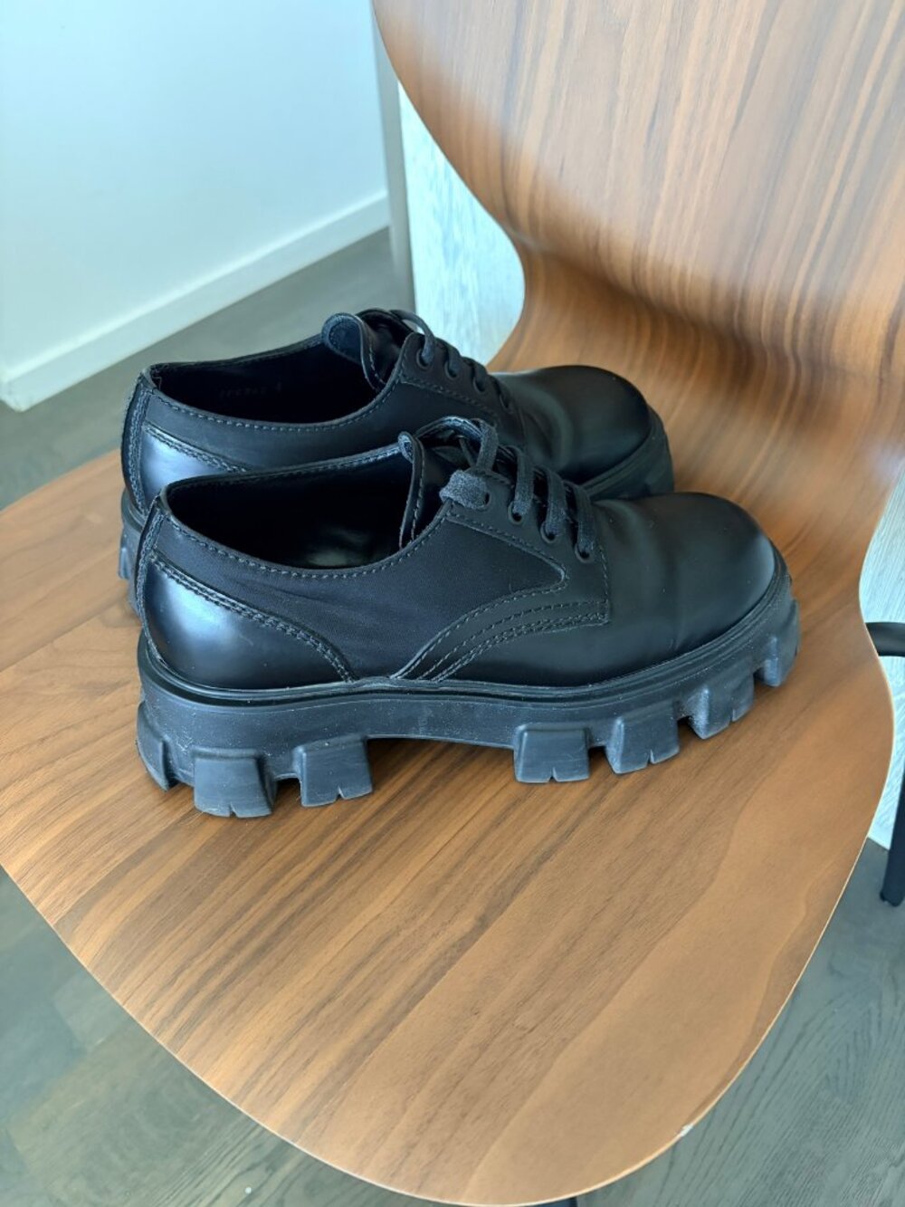 Prada Monolith Derby Shoes – Black Leather & Re-Nylon – UK 6 / US 7